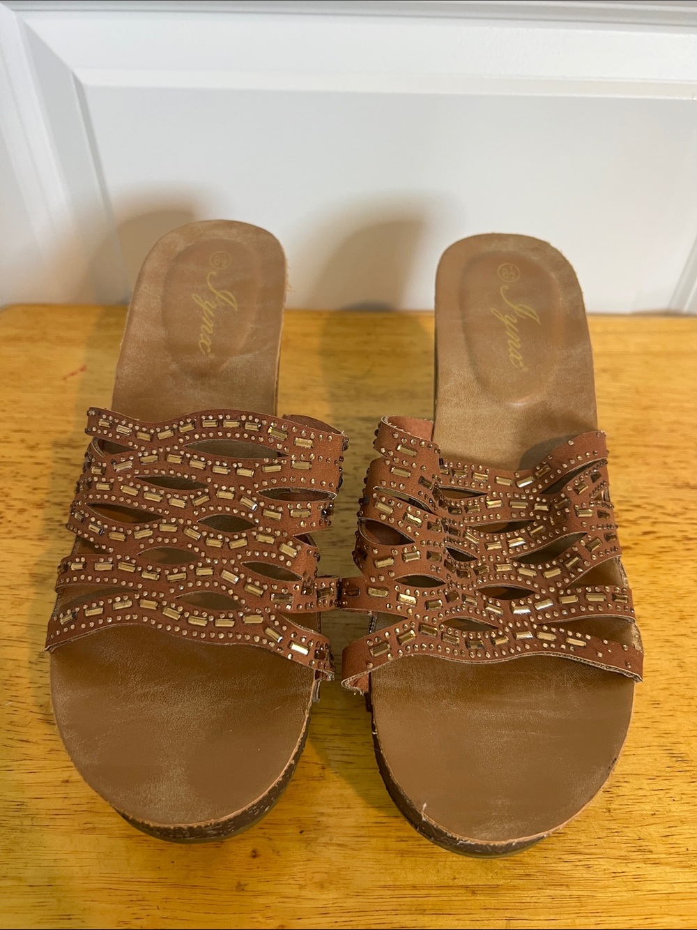 Women’s Brown Studded Wedge Sandals - Picture 2 of 5